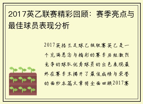 2017英乙联赛精彩回顾：赛季亮点与最佳球员表现分析