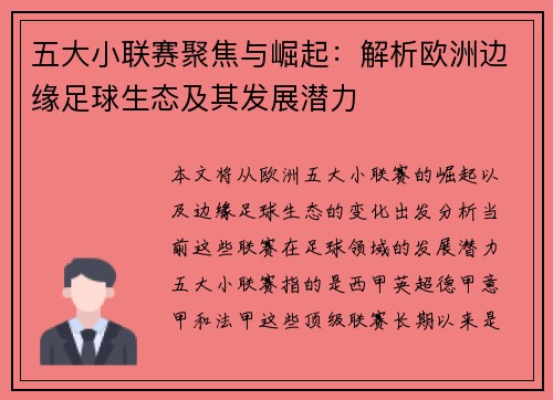 五大小联赛聚焦与崛起：解析欧洲边缘足球生态及其发展潜力
