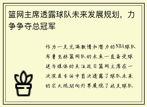 篮网主席透露球队未来发展规划，力争争夺总冠军